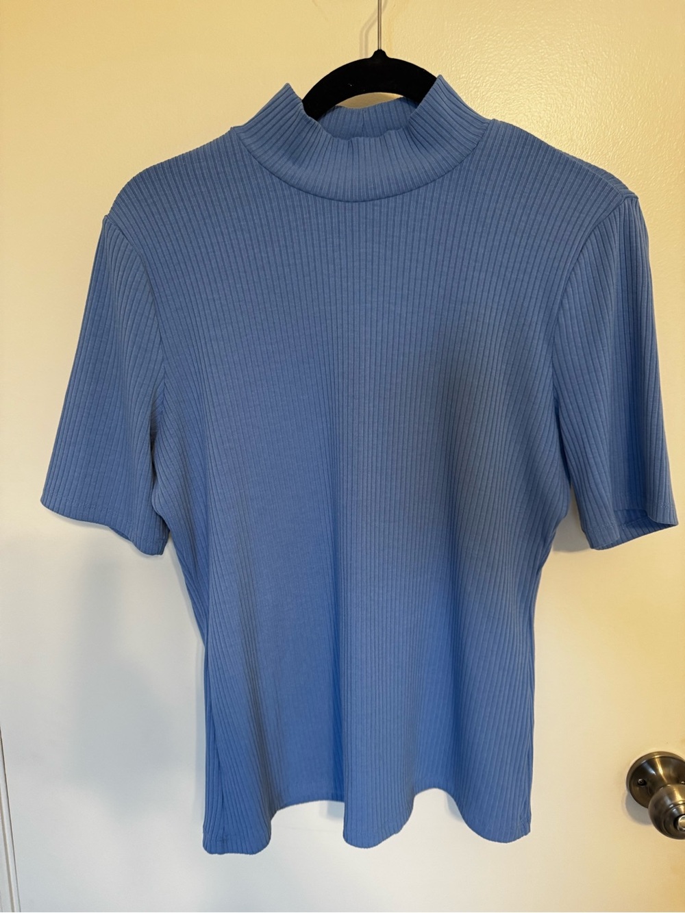 INC International Concepts Ribbed Mockneck Short Sleeve Top in Blue